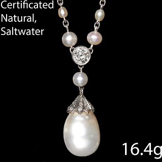 IMPORTANT AND MAGNIFICENT EDWARDIAN CERTIFICATED LARGE NATURAL SALTWATER PEARL AND DIAMOND NECKLACE