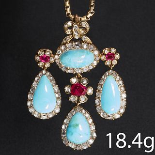 ANTIQUE TURQUOISE RUBY AND DIAMOND PENDANT NECKLACE