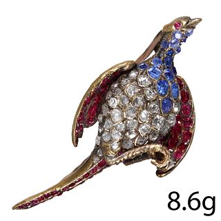 EXQUISITE ANTIQUE DIAMOND SAPPHIRE AND RUBY PHEASANT BROOCH