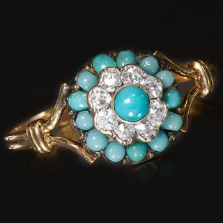 ANTIQUE TURQUOISE AND DIAMOND GOLD CLUSTER RING