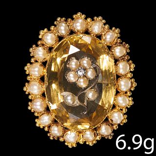 ANTIQUE CITRINE AND SEED PEARL BROOCH
