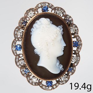 FRENCH, HARD STONE CARVED CAMEO,DIAMOND AND SAPPHIRE BROOCH