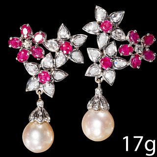 PAIR OF RUBY, DIAMOND AND PEARL FLORAL EARRINGS