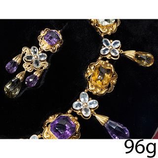 MAGNIFICENT AND RARE GEORGIAN MULTI-GEMSTONE NECKLACE AND EARRING SET