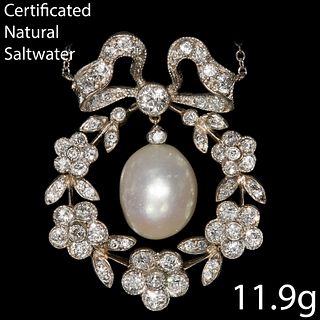 FINE BELLE EPOQUE CERTIFICATED NATURAL SALTWATER PEARL AND DIAMOND PENDANT