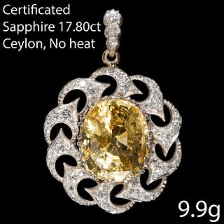 IMPORTANT CERTIFICATED CEYON YELLOW SAPPHIRE AND DIAMOND PENDANT