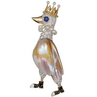 RETRO CERTIFICATED NATURAL PEARL, DIAMOND AND SAPPHIRE DUCK BROOCH