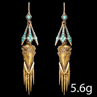 ANTIQUE PAIR OF TURQUOISE ETRUSCAN REVIVAL DROP EARRINGS