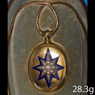 VICTORIAN ENAMEL AND PEARL LOCKET PENDANT ON CHAIN