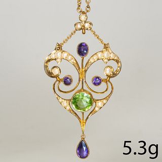 EDWARDIAN SUFFRAGETTE AMETHYST PERIDOT AND PEARL GOLD PENDANT NECKLACE