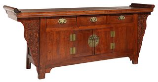 CHINESE CARVED ELM ALTAR-FORM CONSOLE CABINET