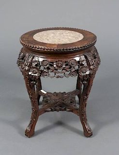 Chinese Carved Hardwood Table w/Inset Marble Top