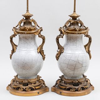 Pair of Louis XV Gilt-Metal-Mounted Chinese Crackle Glazed Lamps