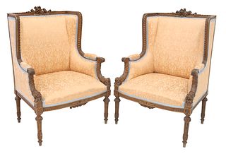 (2) LOUIS XVI STYLE SILK-UPHOLSTERED & CARVED BERGERES