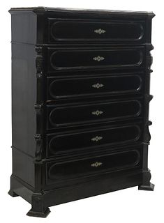 FRENCH MARBLE-TOP BLACK PAINTED TALL CHEST