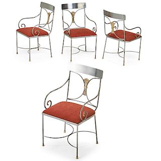 SET OF FOUR STEEL AND BRASS ARMCHAIRS