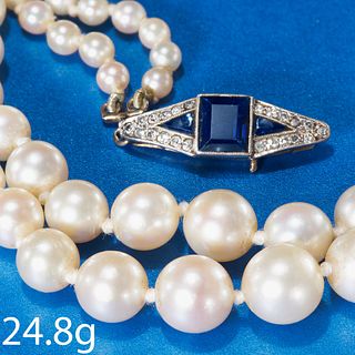 TWO ROW PEARL NECKLACE WITH SAPPHIRE AND DIAMOND CLASP