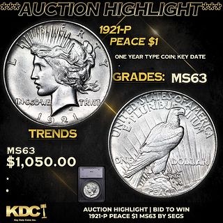 ***Auction Highlight*** 1921-p Peace Dollar $1 Graded ms63 By SEGS (fc)