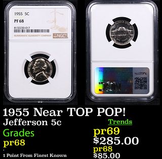 Proof NGC 1955 Jefferson Nickel Near Top Pop! 5c Graded pr68 BY NGC