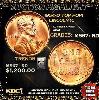***Auction Highlight*** 1954-d Lincoln Cent TOP POP! 1c Graded GEM++ RD By USCG (fc)