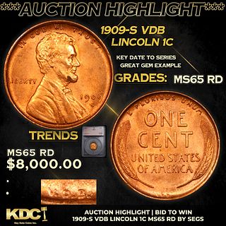 ***Auction Highlight*** 1909-s VDB Lincoln Cent 1c Graded ms65 rd BY SEGS (fc)