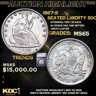 ***Auction Highlight*** 1867-s Seated Half Dollar 50c Graded ms65 By SEGS (fc)