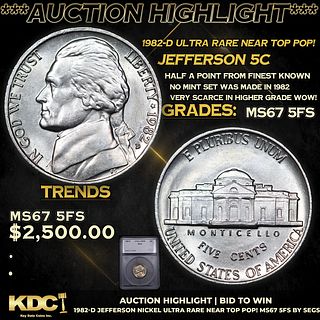 ***Auction Highlight*** 1982-d Jefferson Nickel Ultra Rare Near Top Pop! 5c Graded ms67 5fs BY SEGS (fc)