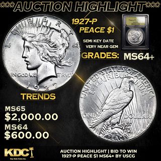 ***Auction Highlight*** 1927-p Peace Dollar $1 Graded Choice+ Unc By USCG (fc)