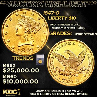 ***Auction Highlight*** 1847-o Gold Liberty Eagle $10 Graded ms62 details By SEGS (fc)