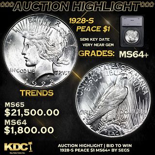 ***Auction Highlight*** 1928-s Peace Dollar $1 Graded ms64+ By SEGS (fc)