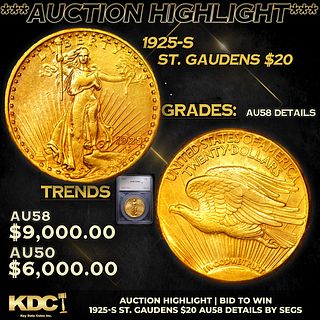 ***Auction Highlight*** 1925-s Gold St. Gaudens Double Eagle 20 Graded au58 details BY SEGS (fc)