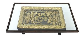 ORNATE INDO-CHINESE GLASS-TOP GILTWOOD & PAINT-DECORATED COFFEE TABLE