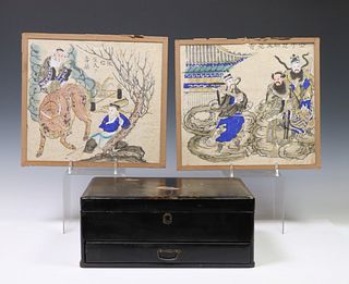 (3) CHINESE HAND-TINTED RELIEF PRINTS & INLAID VANITY BOX