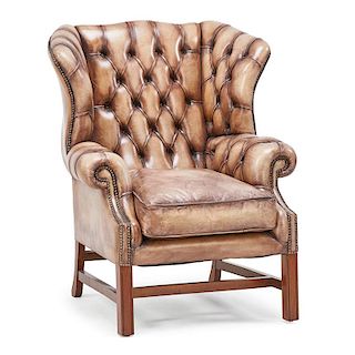 GEORGE III STYLE TUFTED LEATHER WING CHAIR