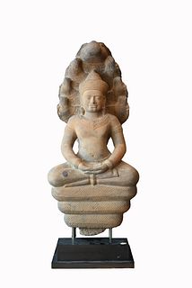 Early Khmer Sandstone Figure of Buddha Muchalinda