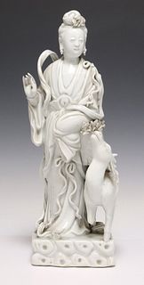 CHINESE BLANC DE CHINE PORCELAIN FIGURE, THE IMMORTAL MAGU WITH DEER