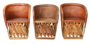 (3) BARREL-BACK LEATHER EQUIPALE ARMCHAIRS, MEXICO