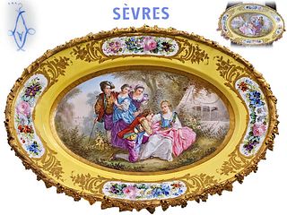 Large 19th C. Hand Painted Sevres Bronze Mounted Tray