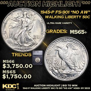 ***Auction Highlight*** 1945-p Walking Liberty Half Dollar FS-901 "No AW" 50c Graded ms65+ By SEGS (fc)
