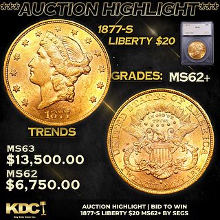 ***Auction Highlight*** 1877-s Gold Liberty Double Eagle $20 Graded ms62+ By SEGS (fc)