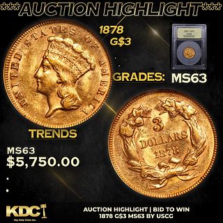 ***Auction Highlight*** 1878 Three Dollar Gold 3 Graded Select Unc By USCG (fc)