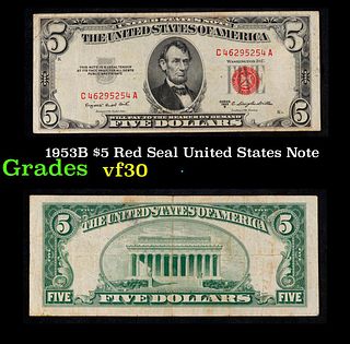 1953B $5 Red Seal United States Note Grades vf++