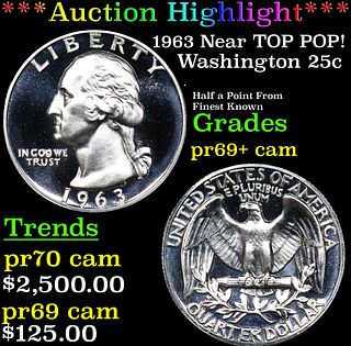 Proof ***Auction Highlight*** 1963 Washington Quarter Near TOP POP! 25c Graded pr69+ cam BY SEGS (fc)
