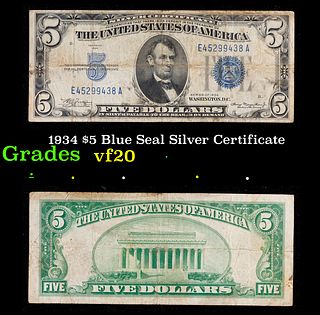 1934 $5 Blue Seal Silver Certificate Grades vf, very fine