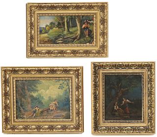 (3) FRAMED FRENCH SCHOOL PAINTINGS OF FIGURES IN VERDANT LANDSCAPES