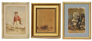 (3) FRAMED WATERCOLOR PAINTINGS OF FIGURAL SCENES & BOATS
