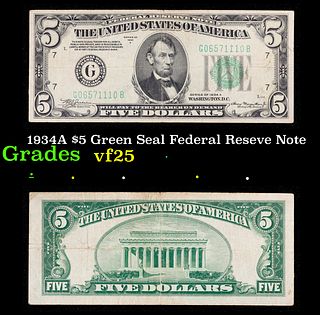 1934A $5 Green Seal Federal Reseve Note Grades vf+
