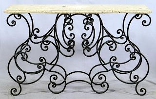 WROUGHT IRON WIRE CONSOLE TABLE W/ MARBLE TOP
