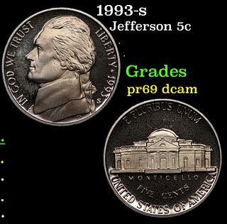 Proof 1993-s Jefferson Nickel 5c Grades GEM++ Proof Deep Cameo