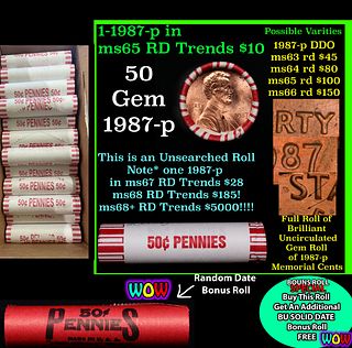 THIS AUCTION ONLY! BU Shotgun Lincoln 1c roll, 1987-p 50 pcs Plus FIVE bonus random date BU roll! Bank Wrapper 50c